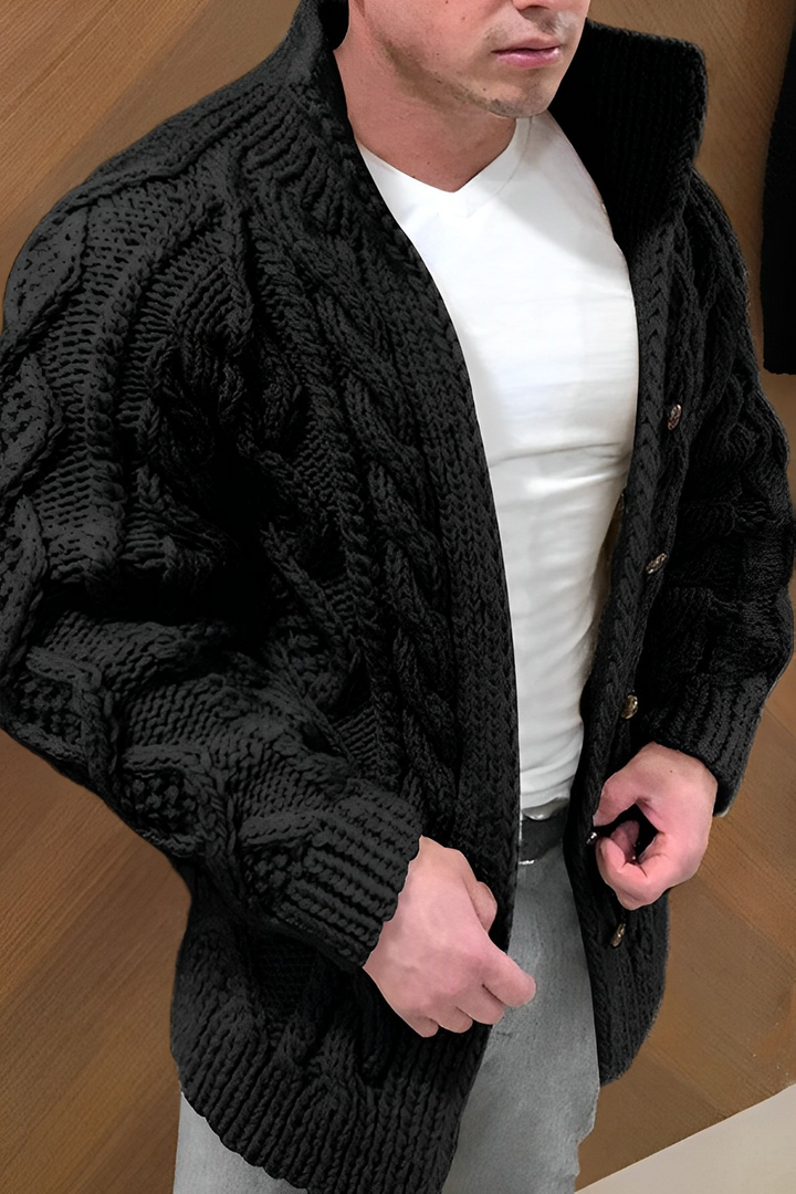 Cable Knit Cardigan with Open Front and Batwing Sleeves for Men