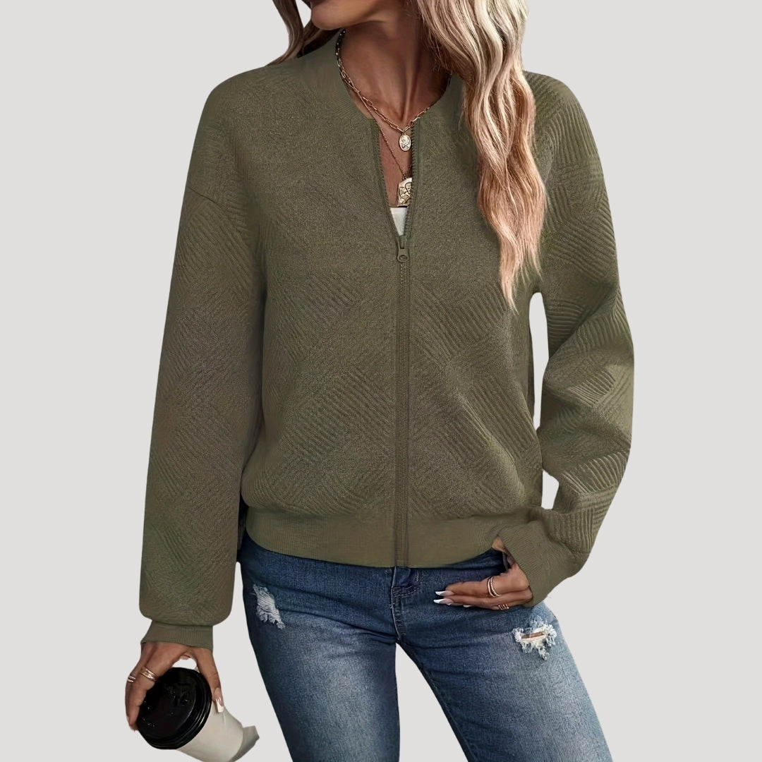 Lightweight Bomber Jacket with Textured Zip Front for Women