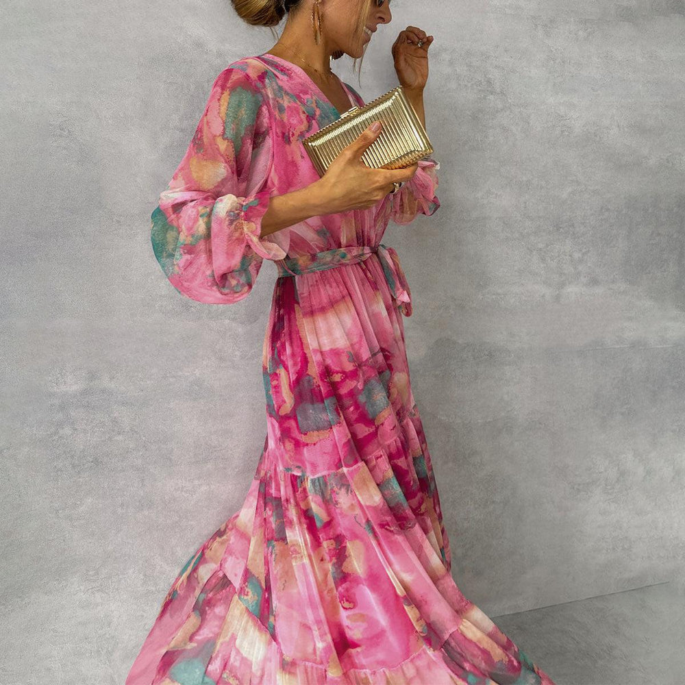 Women's wrap dress with flower pattern and long sleeves Maxi 1