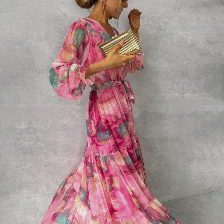 Women's wrap dress with flower pattern and long sleeves Maxi 1