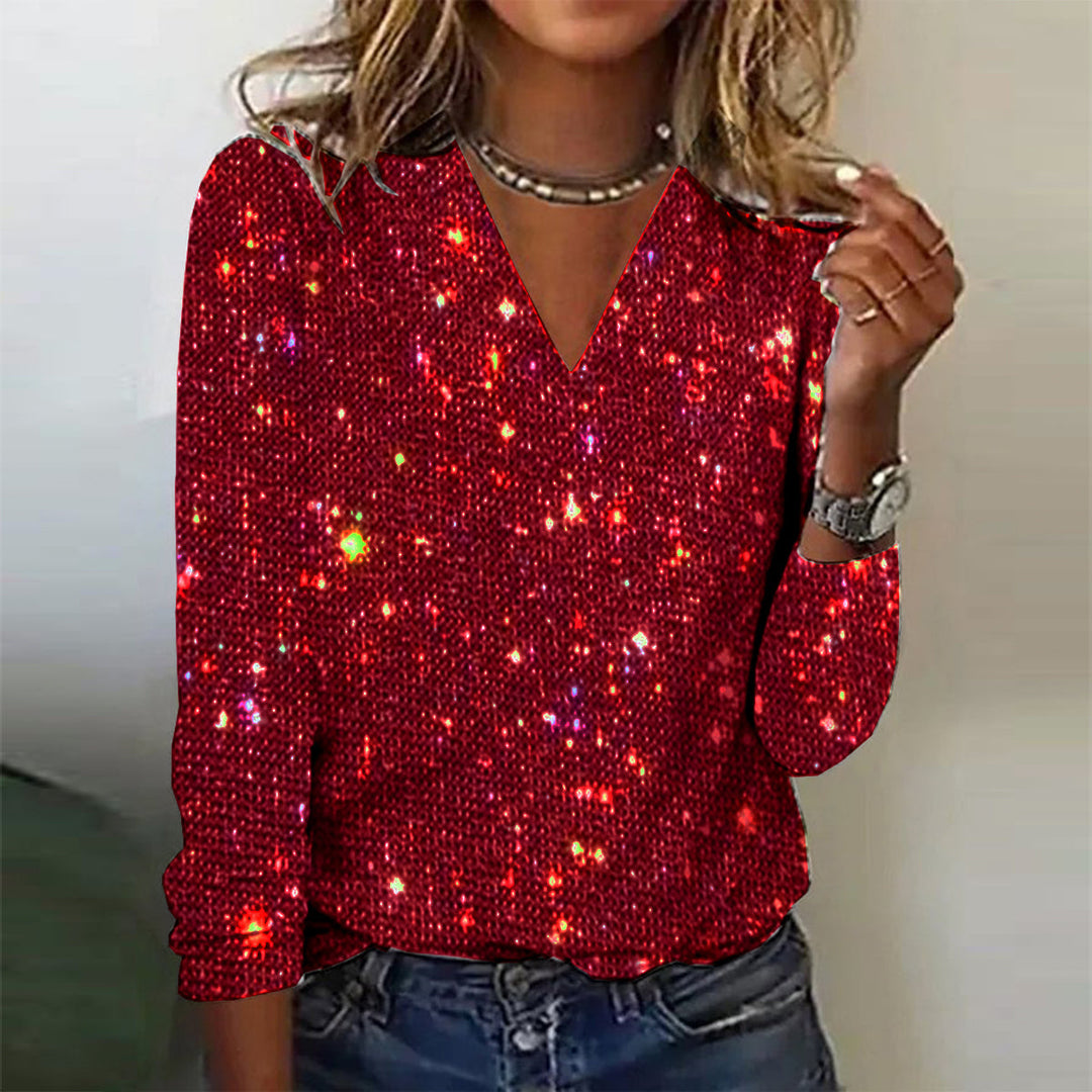 Shimmer V Neck Long Sleeve Blouse for Women
