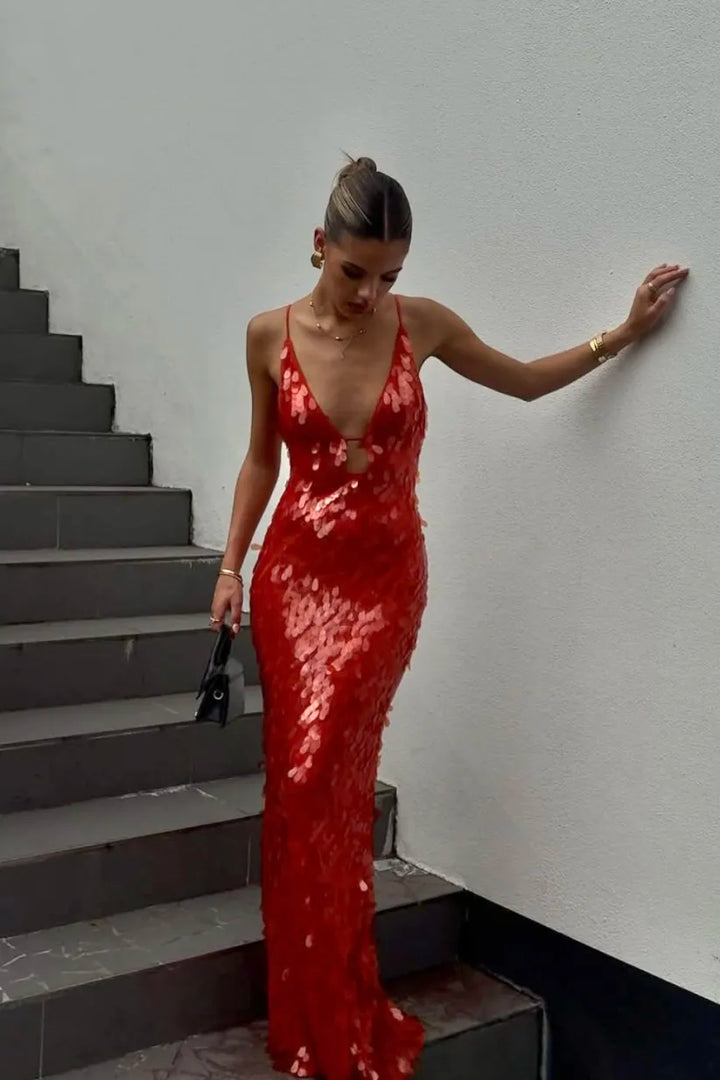 Women's Sequin Backless Wedding Maxi Dress