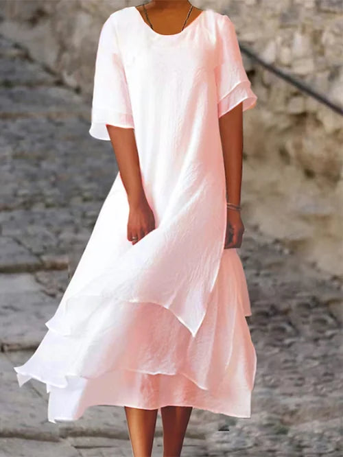 Women's Layered Cotton Linen Midi Dress