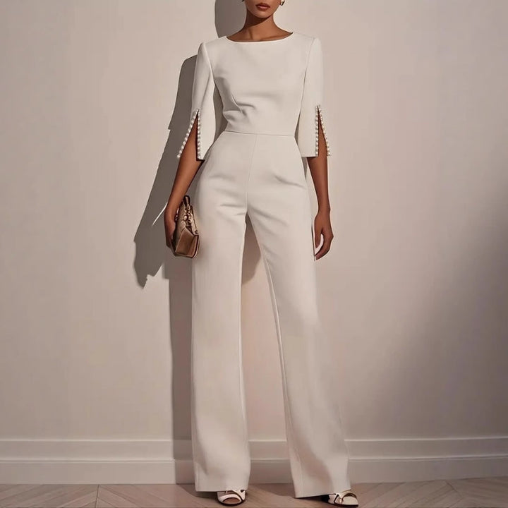 Amara | Women's Wide Leg Jumpsuit Pearl Trim Boat Neck