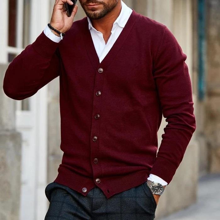 V Neck Button Front Cardigan with Classic Design for Men