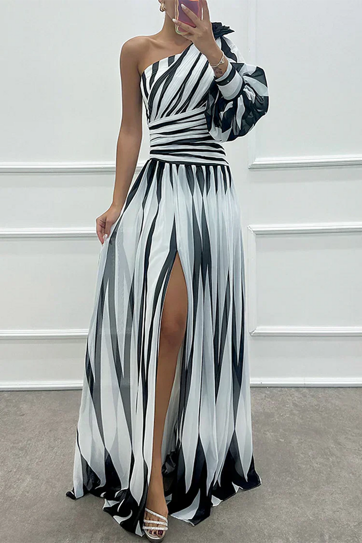 Women's Striped One-Shoulder Maxi Dress