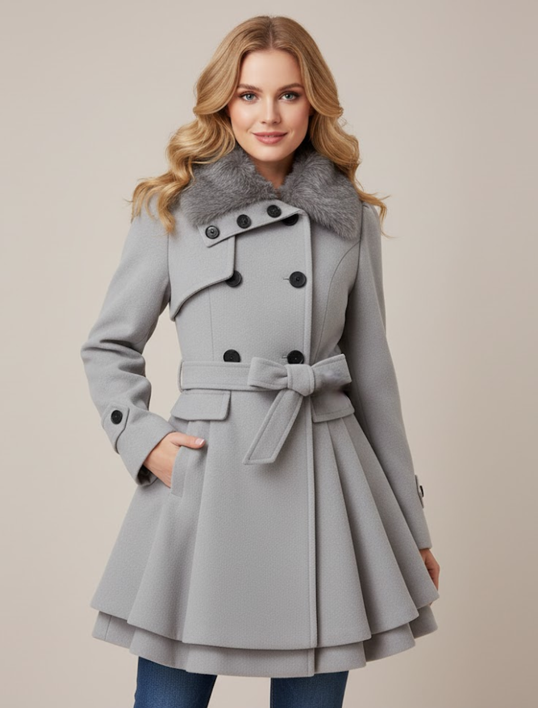 Double-Breasted Belted Coat with Flared Silhouette for Women