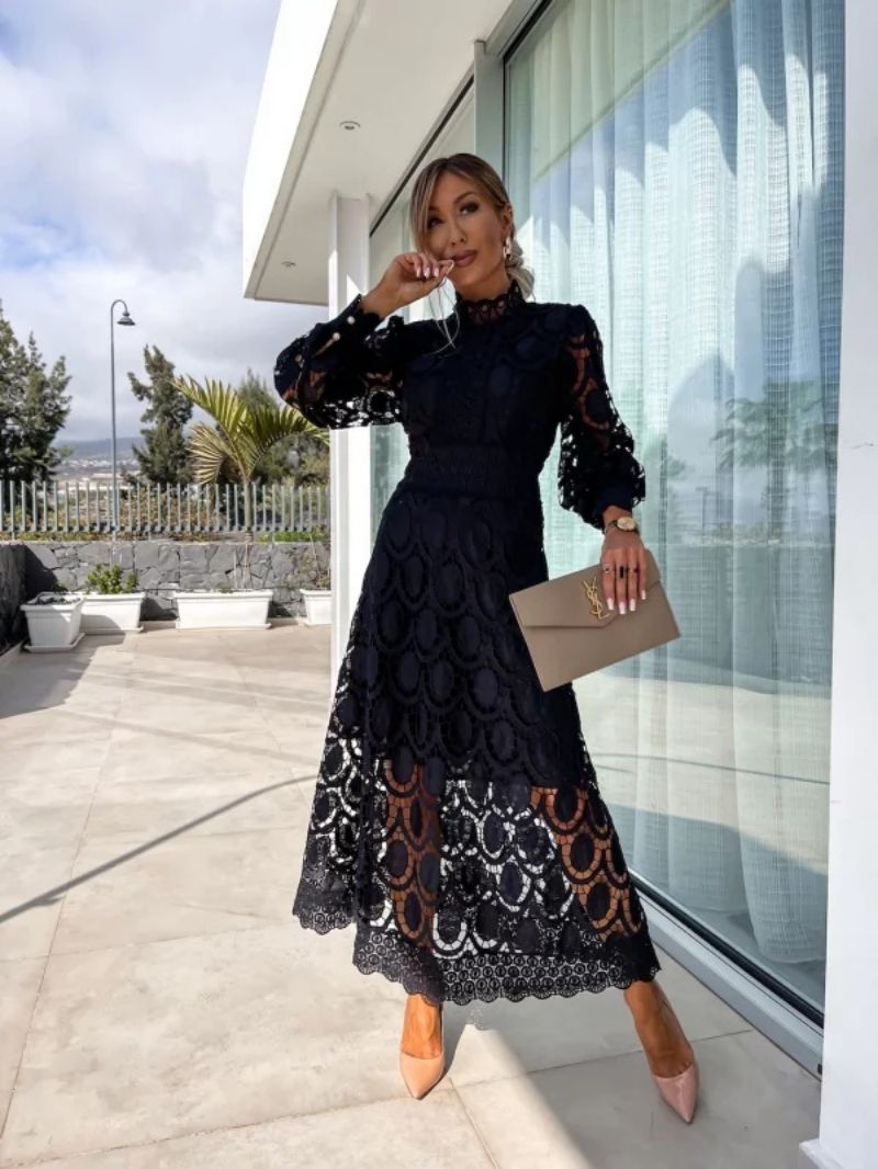 Imogen | Women's Lace Midi Dress High Neck Puff Sleeve