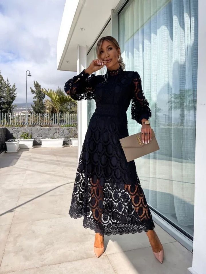 Imogen | Women's Lace Midi Dress High Neck Puff Sleeve