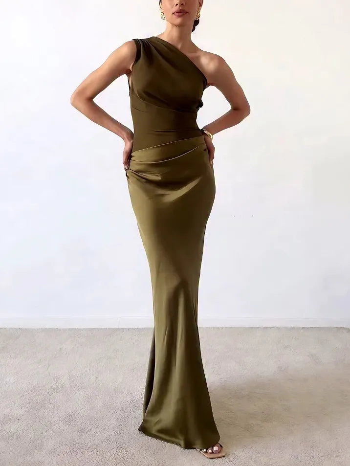 Women's One-Shoulder Pleated Party Maxi Dress