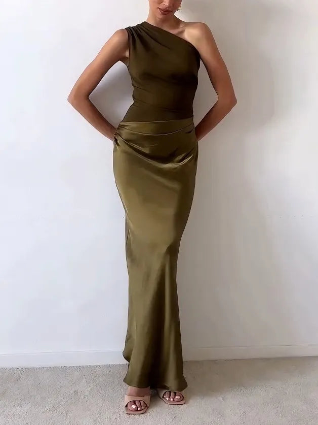 Women's One-Shoulder Pleated Party Maxi Dress