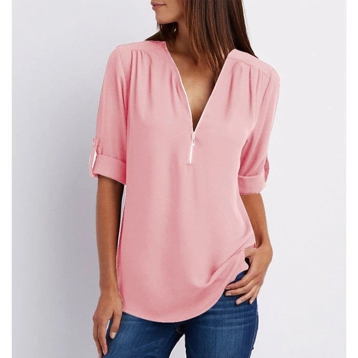Women's Zip-Up V-Neck Casual Blouse Top