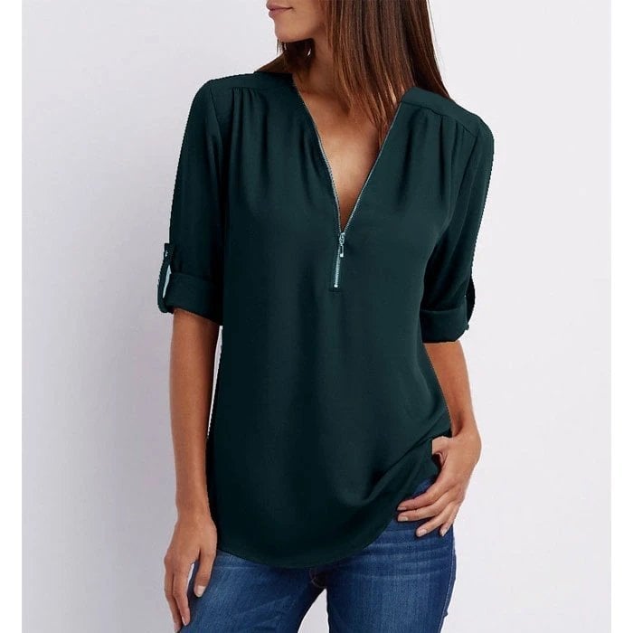 Women's Zip-Up V-Neck Casual Blouse Top