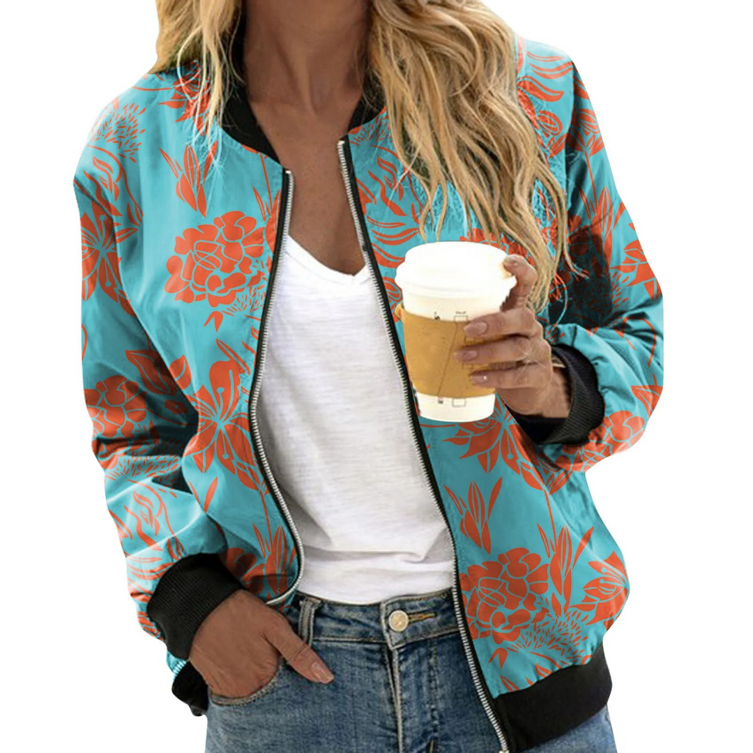 Bomber Jacket with Floral Pattern and Zip Front for Women