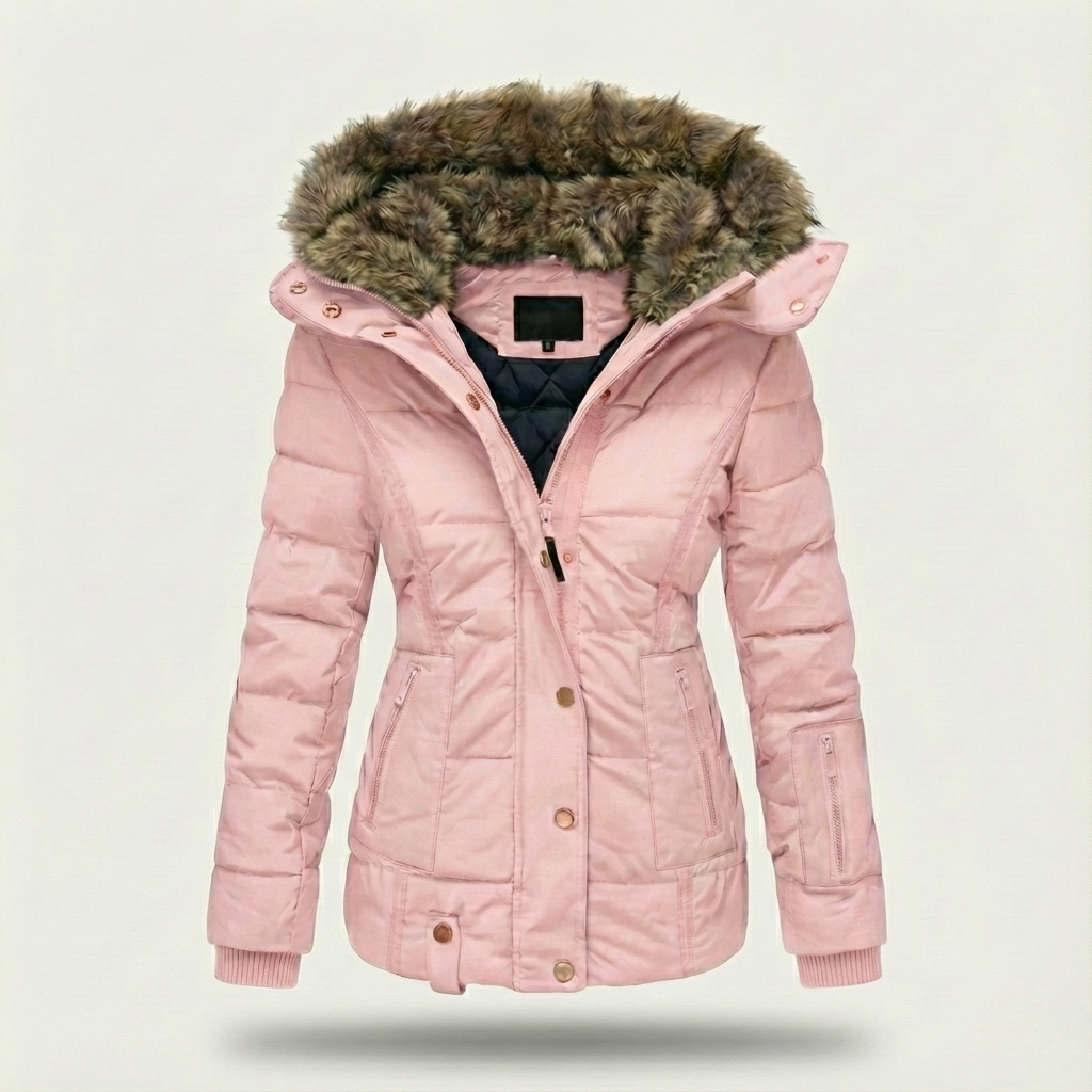 Hooded Puffer Jacket with Shaped Waist and Zip Front for Women