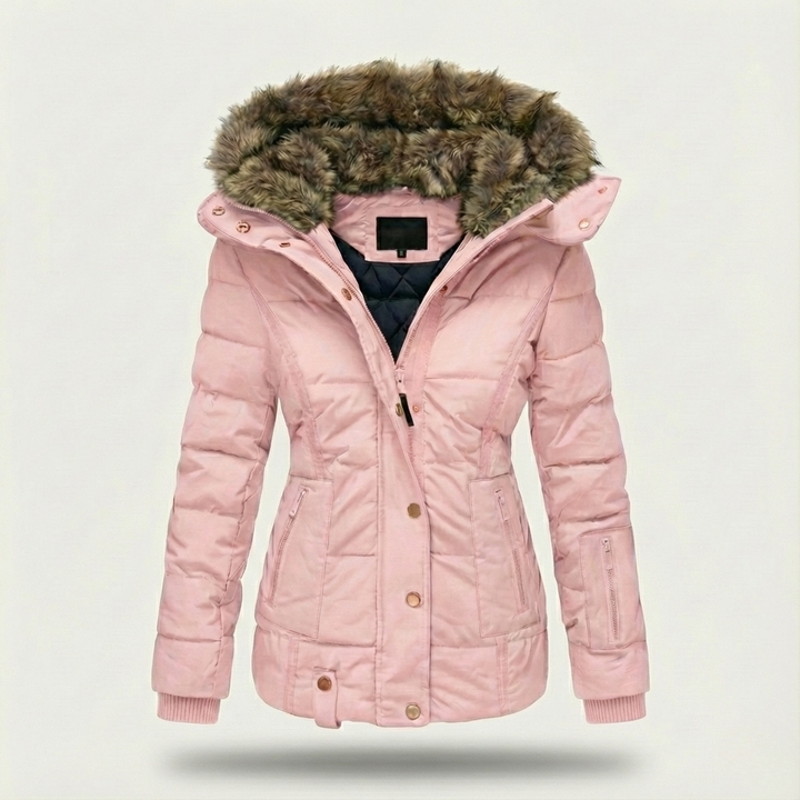 Hooded Puffer Jacket with Shaped Waist and Zip Front for Women