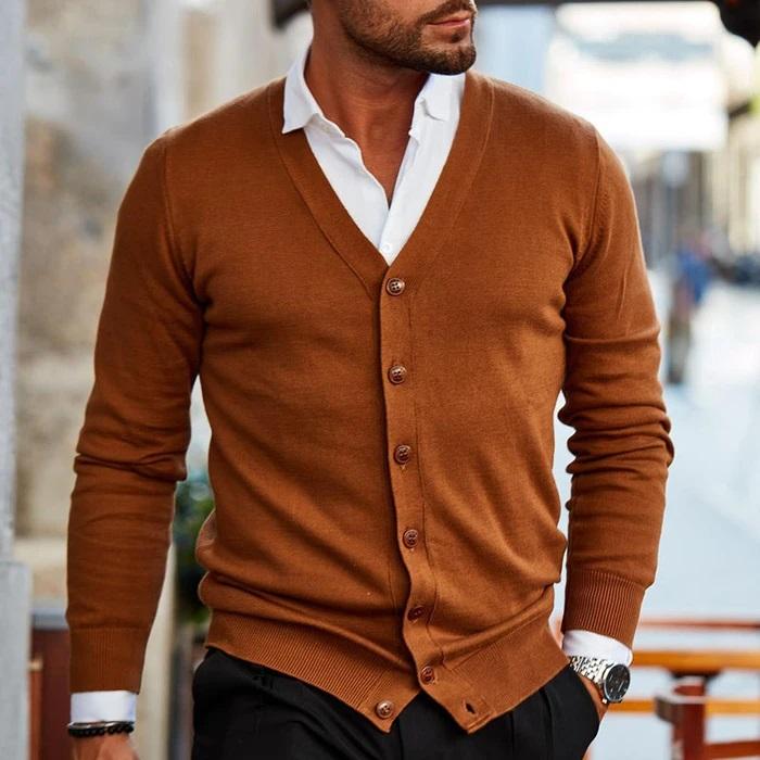 V Neck Button Front Cardigan with Classic Design for Men