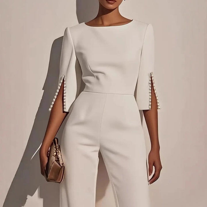 Amara | Women's Wide Leg Jumpsuit Pearl Trim Boat Neck