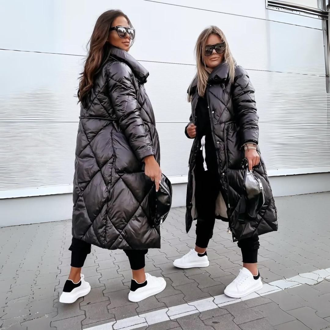 Long Quilted Coat with High Collar and Zip Front for Women