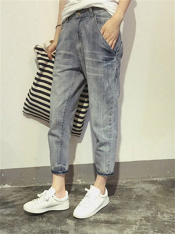Cropped Jeans with Washed Grey Finish for Women