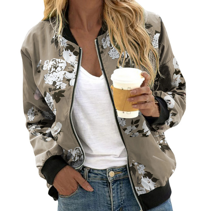 Bomber Jacket with Floral Pattern and Zip Front for Women