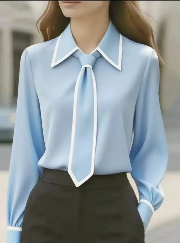 Women's Tie Neck Contrast Collar Blouse