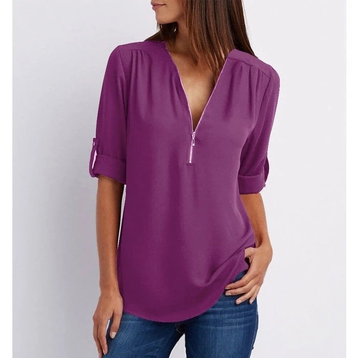 Women's Zip-Up V-Neck Casual Blouse Top