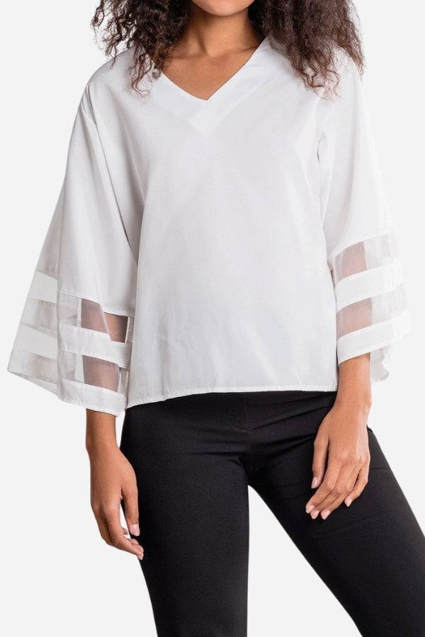 Women's Mesh Bell Sleeve V-Neck Blouse