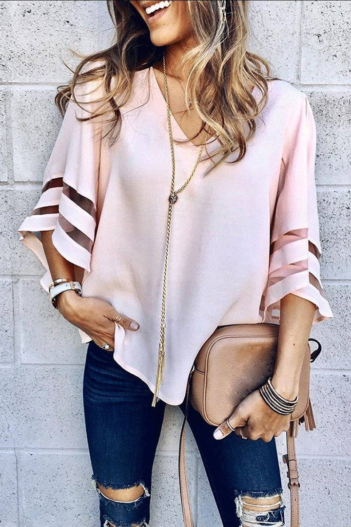 Women's Mesh Bell Sleeve V-Neck Blouse