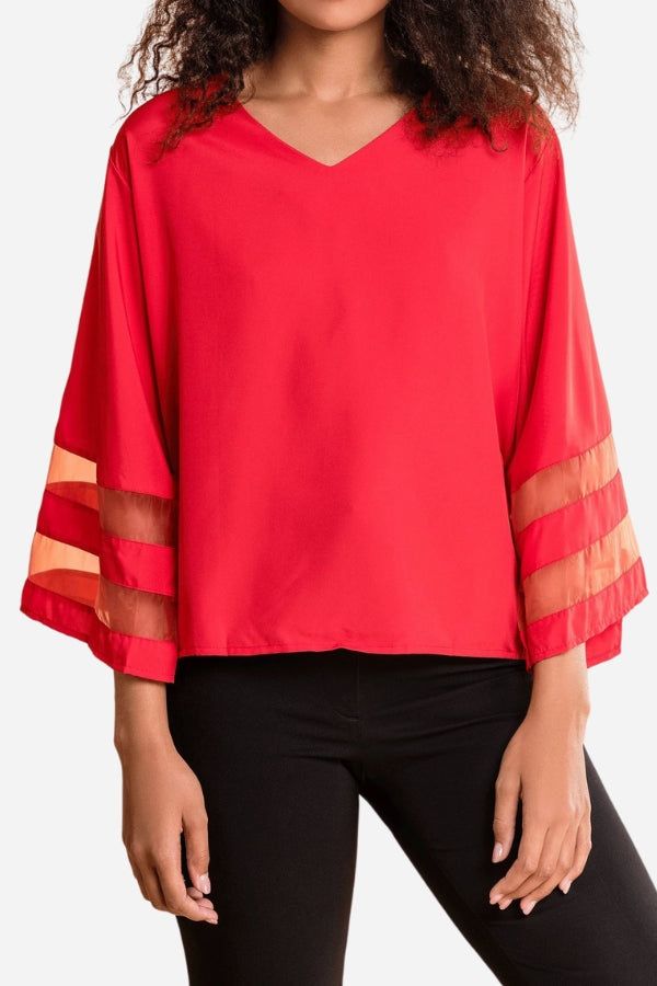 Women's Mesh Bell Sleeve V-Neck Blouse
