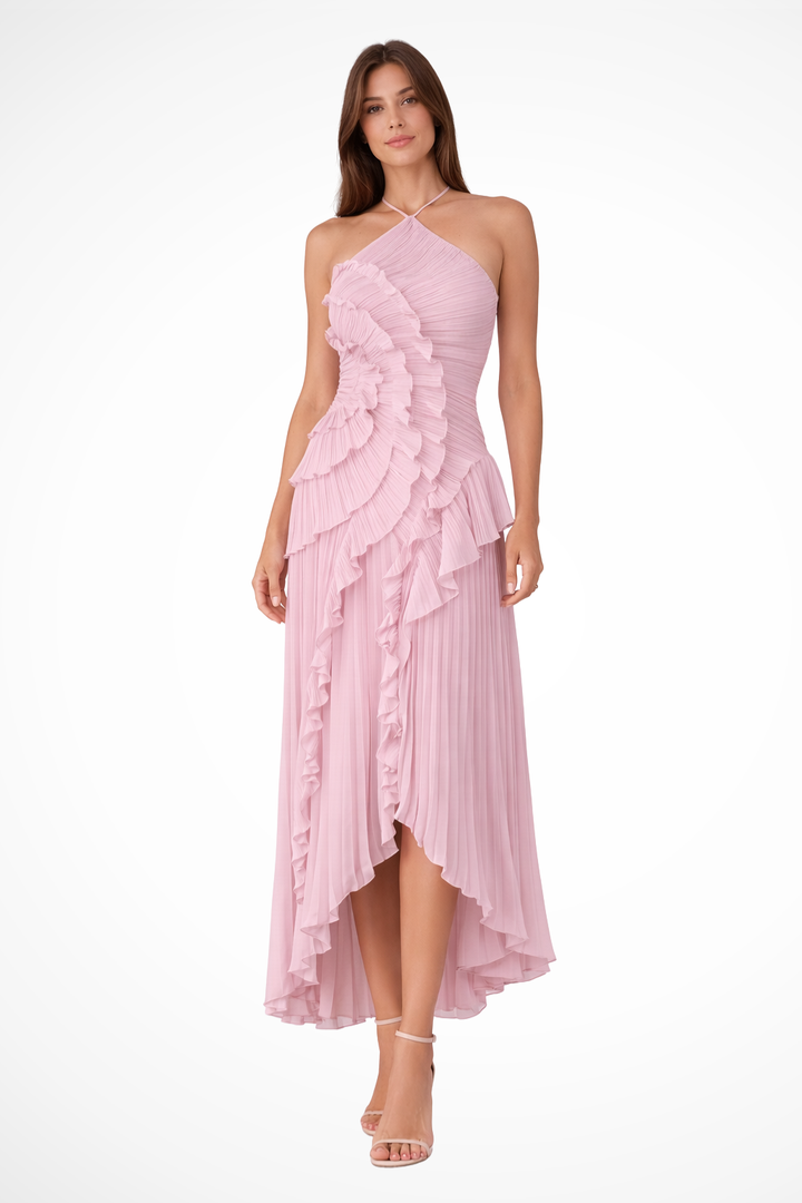 Freya | Wedding Guest Ruffle Maxi Dress Halter Neck