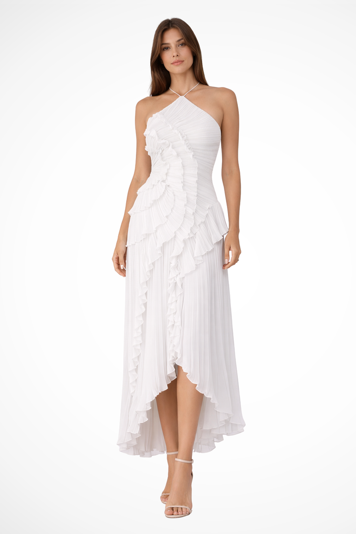Freya | Wedding Guest Ruffle Maxi Dress Halter Neck