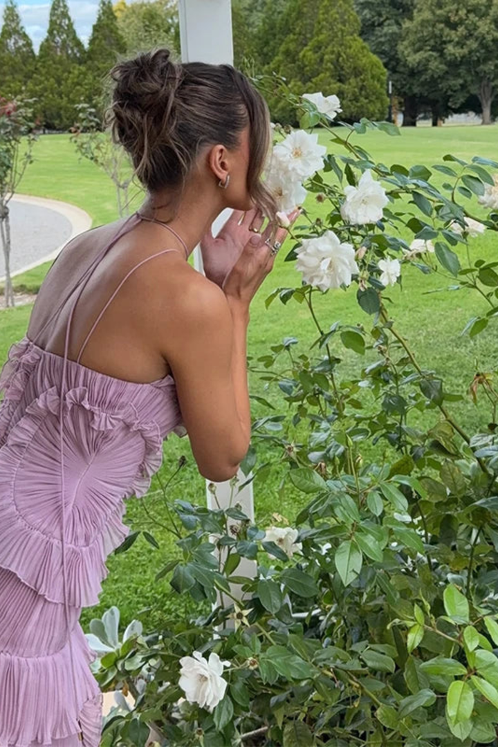 Freya | Wedding Guest Ruffle Maxi Dress Halter Neck