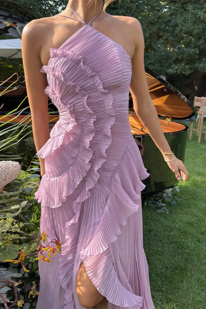 Freya | Wedding Guest Ruffle Maxi Dress Halter Neck