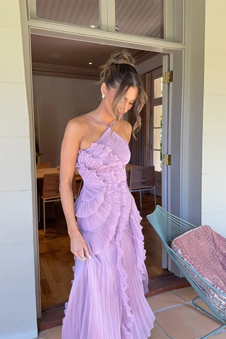 Freya | Wedding Guest Ruffle Maxi Dress Halter Neck