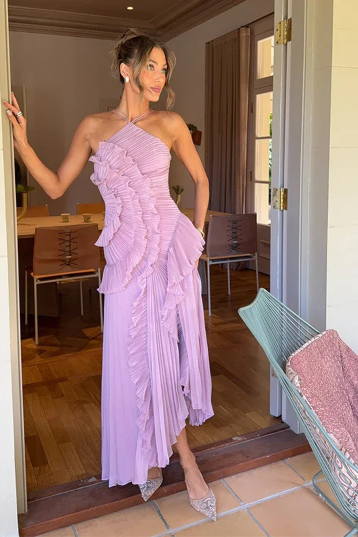 Freya | Wedding Guest Ruffle Maxi Dress Halter Neck