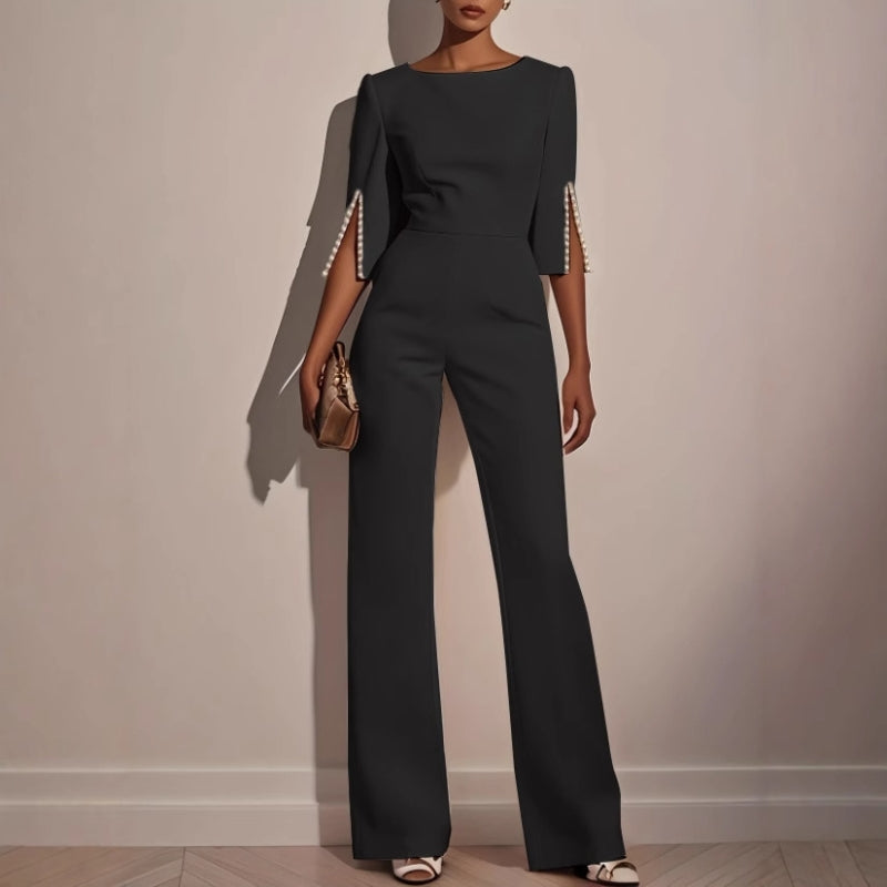 Amara | Women's Wide Leg Jumpsuit Pearl Trim Boat Neck