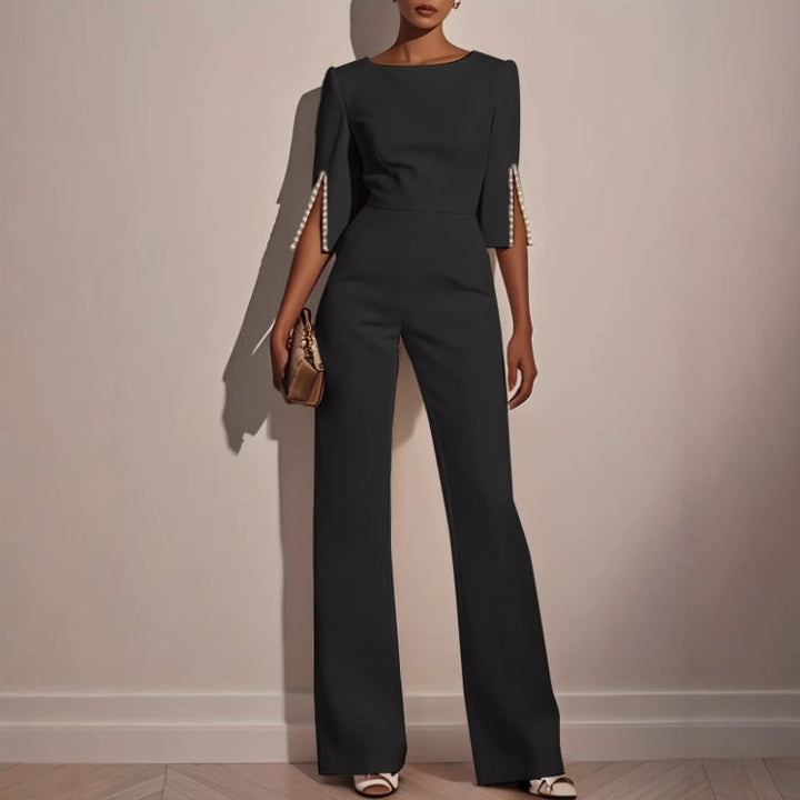 Amara | Women's Wide Leg Jumpsuit Pearl Trim Boat Neck