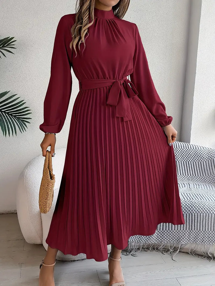 Pleated Midi Dress with Belt for Women