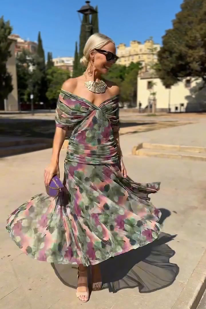 Formal Maxi Dress V Neck Pleated Waist