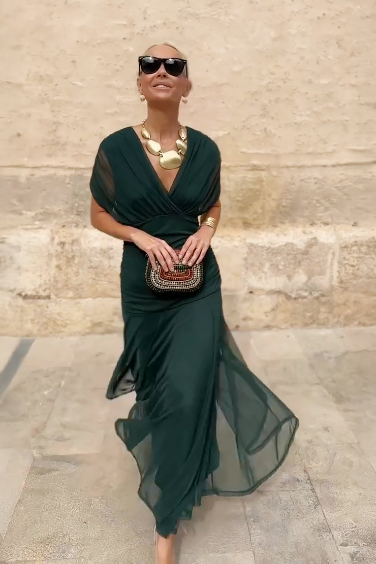 Formal Maxi Dress V Neck Pleated Waist