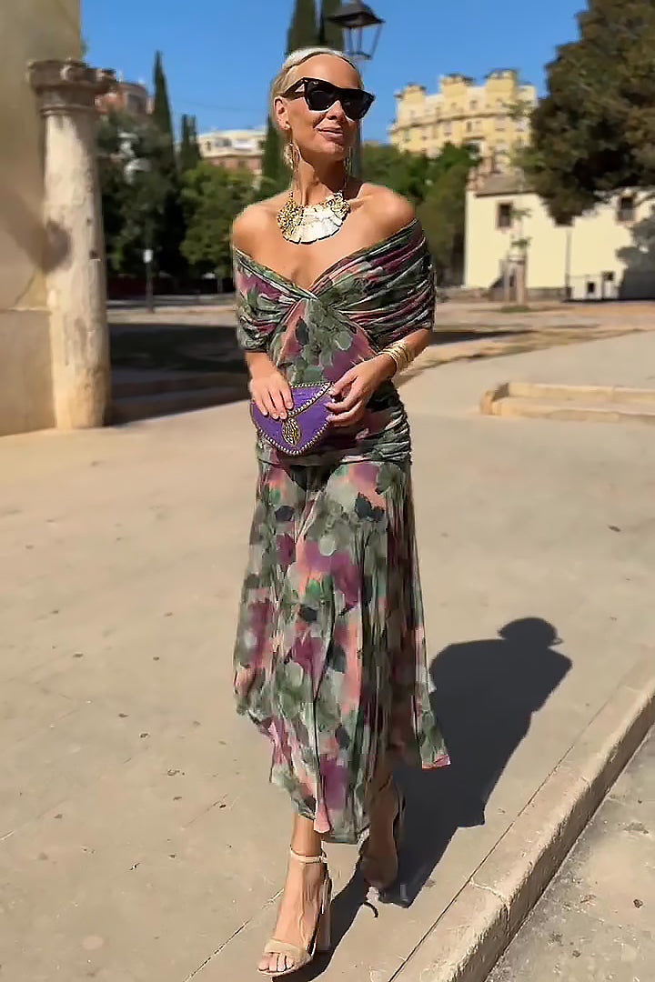 Formal Maxi Dress V Neck Pleated Waist