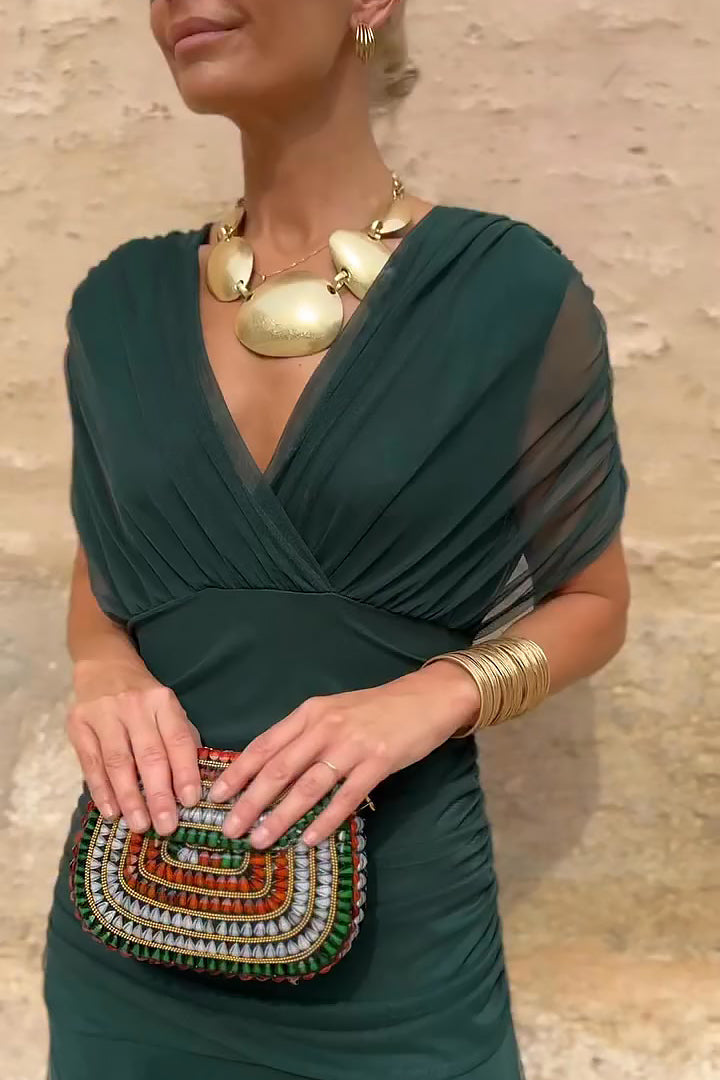 Formal Maxi Dress V Neck Pleated Waist