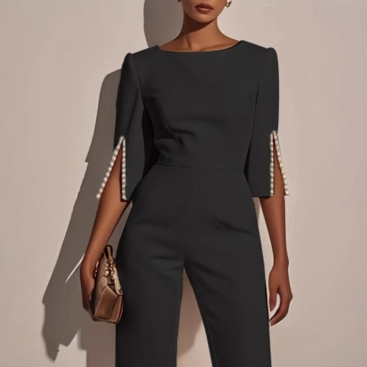 Amara | Women's Wide Leg Jumpsuit Pearl Trim Boat Neck