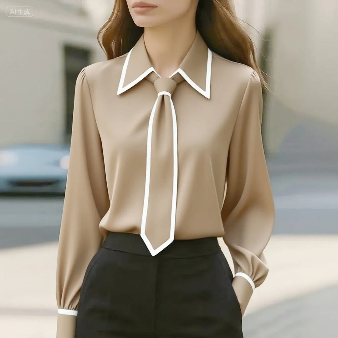 Women's Tie Neck Contrast Collar Blouse