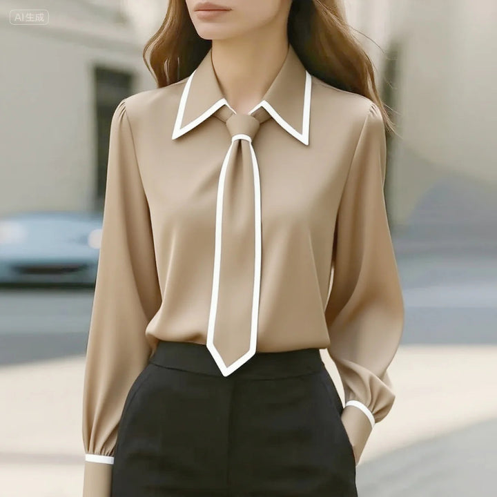 Women's Tie Neck Contrast Collar Blouse