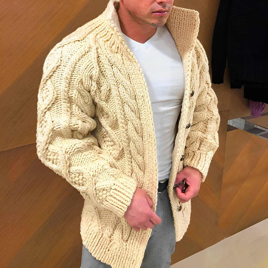 Cable Knit Cardigan with Open Front and Batwing Sleeves for Men