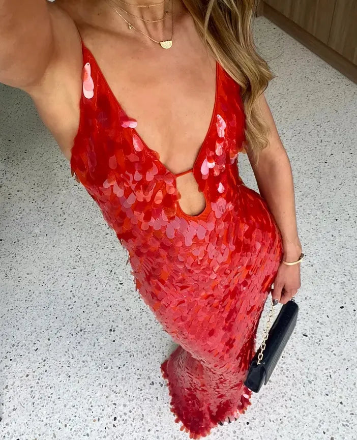 Women's Sequin Backless Wedding Maxi Dress