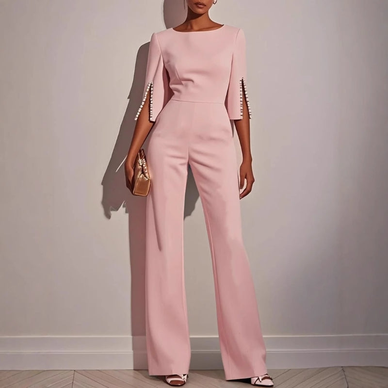 Amara | Women's Wide Leg Jumpsuit Pearl Trim Boat Neck
