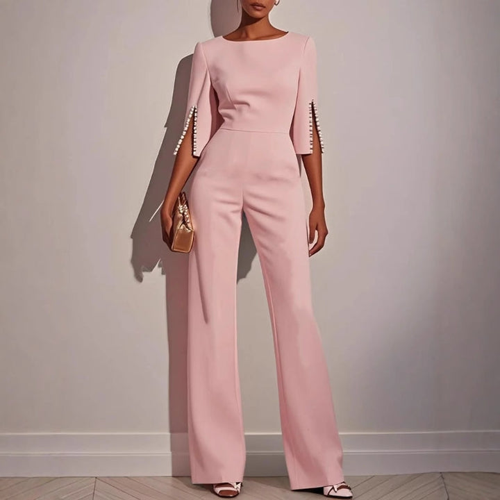 Amara | Women's Wide Leg Jumpsuit Pearl Trim Boat Neck